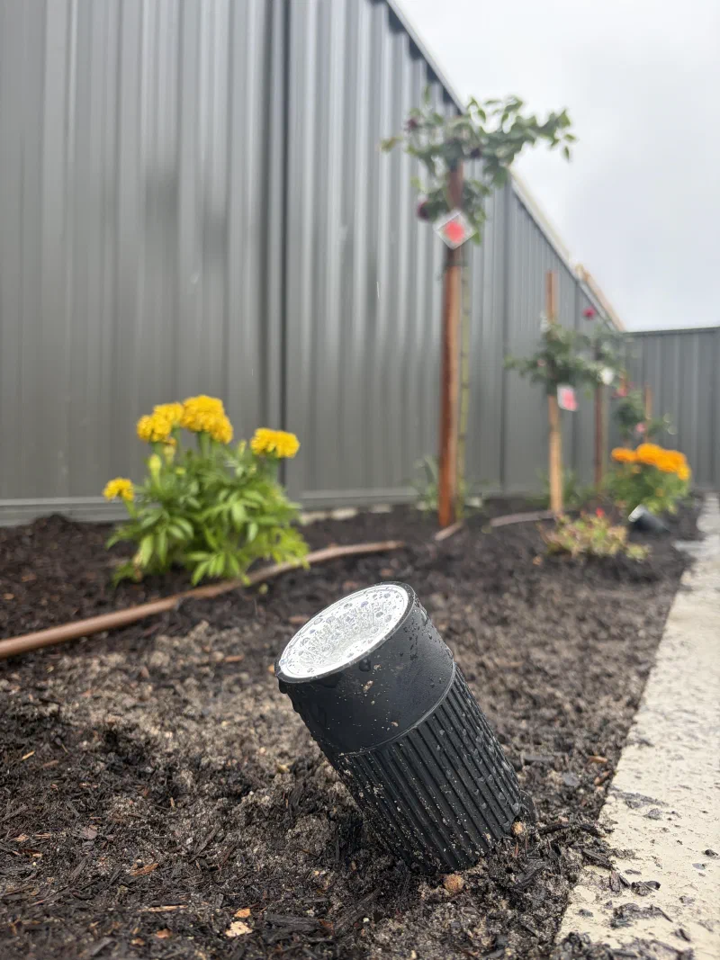 Garden spotlight installed beside a planted garden bed