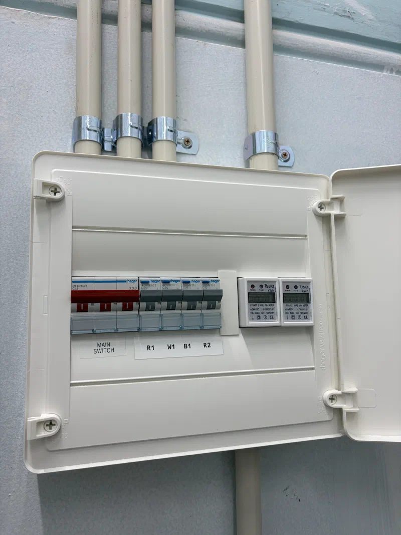 Switchboard with labelled circuit breakers and energy meters